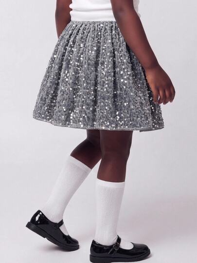 Maija Kids Maija Kids 1pc Young Girl Young Girls Casual Elegant Exquisite Loose Cute Grey Velvet Sequin Embroidered Bud Skirt, Suitable For Daily Wear, Back To School, Outings, Parties, Autumn/Winter