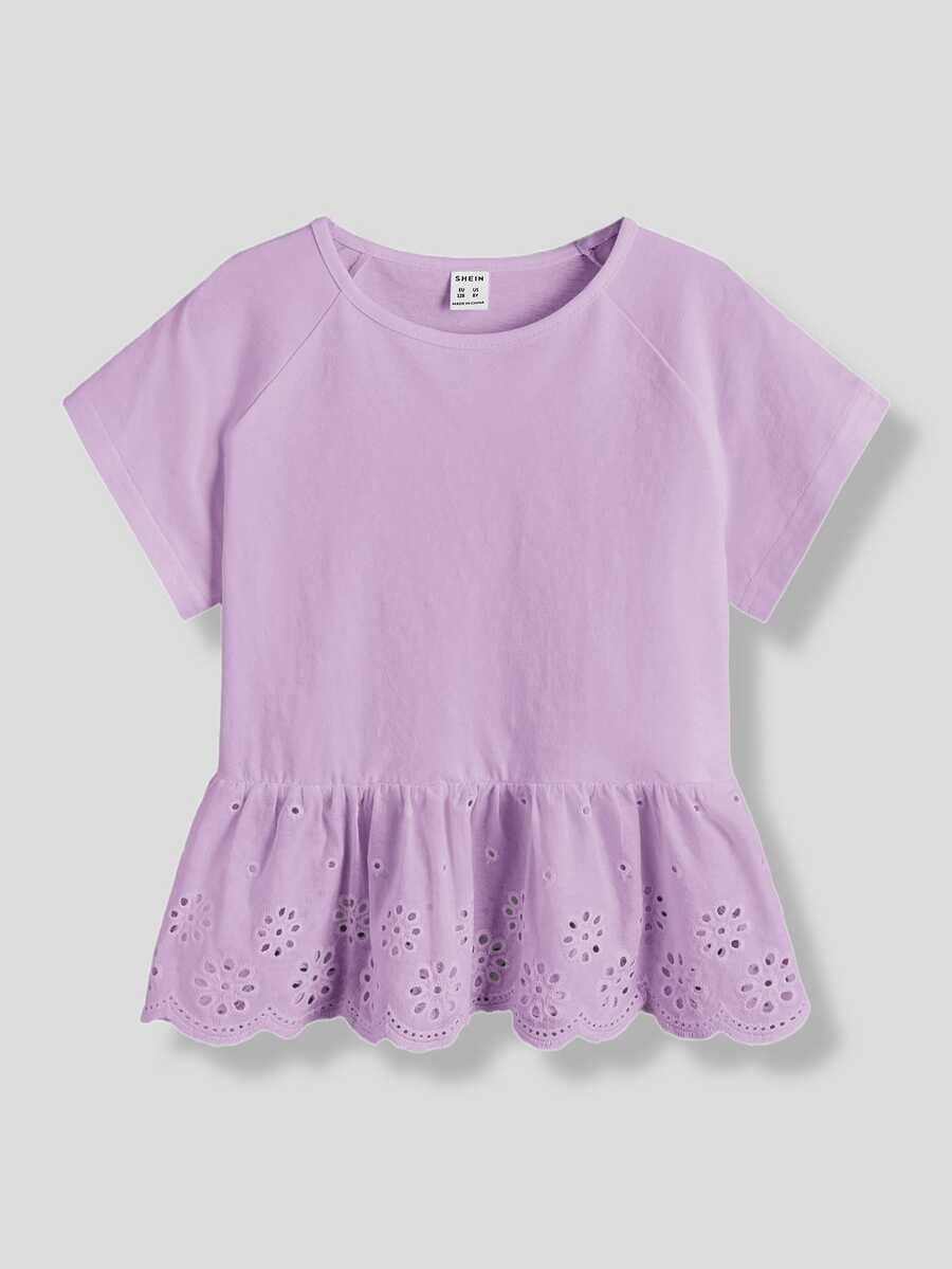 Maija Kids Maija Kids 青少年女孩紫色袖子兒童荷葉邊T恤,適合度假、外出、休閒穿著,紫色下擺,休閒T恤 - 淡紫色 - 查看 1