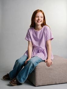 Maija Kids Maija Kids 青少年女孩紫色袖子兒童荷葉邊T恤，適合度假、外出、休閒穿著，紫色下擺，休閒T恤 - 淡紫色 - 查看 2