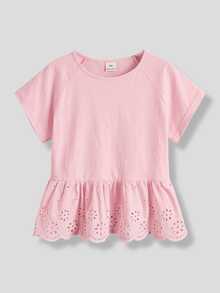 Maija Kids Maija Kids 少女粉色袖口刺繡荷葉邊下擺T恤，適合度假、外出、休閒穿著，粉色蕾絲下擺休閒T恤 - 粉色 - 查看 1