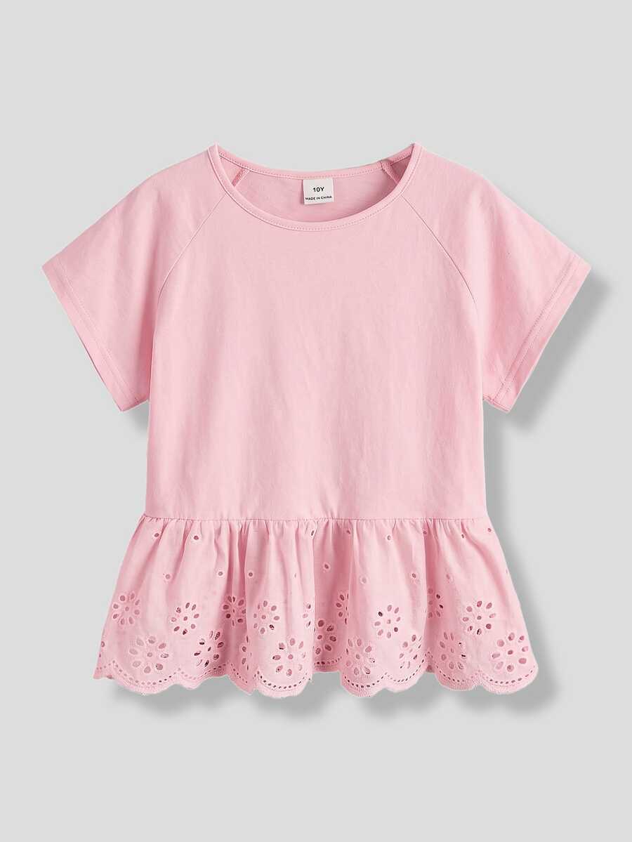 Maija Kids Maija Kids 少女粉色袖口刺繡荷葉邊下擺T恤,適合度假、外出、休閒穿著,粉色蕾絲下擺休閒T恤 - 粉色 - 查看 1