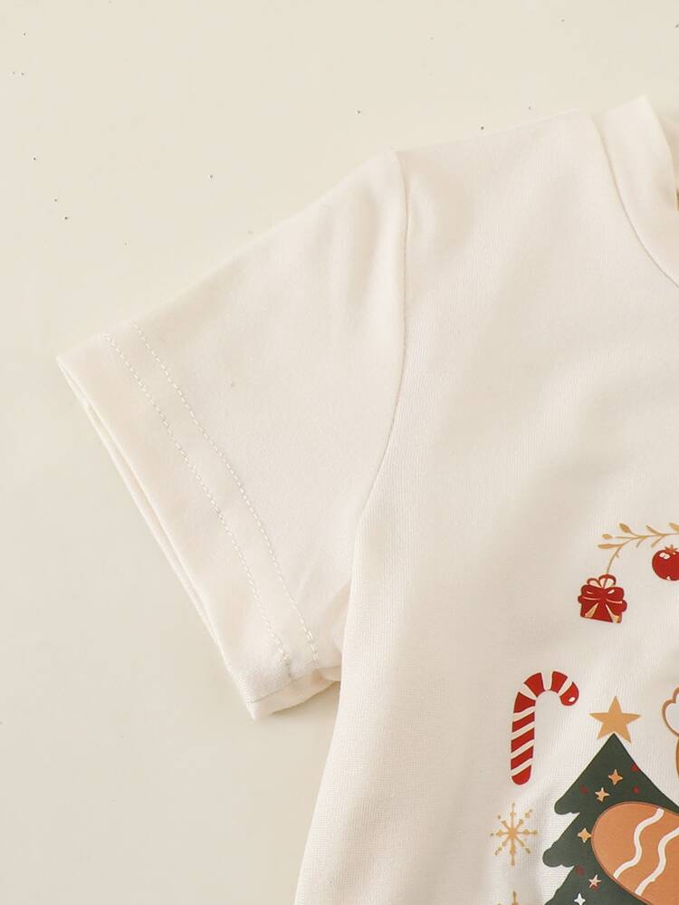 SHEIN Newborn Baby Christmas Gingerbread Man Print Top Flare Pants Cute Casual Set Summer Holiday 2Pcs Outfit Set For Infant 0-3Y Family Matching Beige - Multicolor - View 7