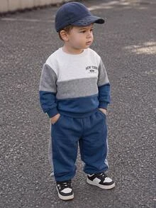 SHEIN Baby Boys Long Sleeve Crew Neck Sweatshirt And Autumn Pants Set - Blue - View 1