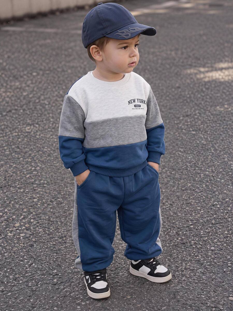SHEIN Baby Boys Long Sleeve Crew Neck Sweatshirt And Autumn Pants Set - Blue - View 1
