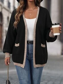 EMERY ROSE Plus Size Women's Contrast Trim Vertical Stripe V-Neck Knit Cardigan, Loose Lantern Long Sleeve Lightweight Luxury Style Sweater Jacket, Mid-Length Flattering Slimming Shiny Trim Everyday Commute Versatile Layering - Multicolor - View 1