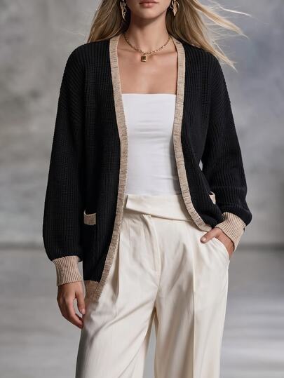 EMERY ROSE Plus Size Women's Contrast Trim Vertical Stripe V-Neck Knit Cardigan, Loose Lantern Long Sleeve Lightweight Luxury Style Sweater Jacket, Mid-Length Flattering Slimming Shiny Trim Everyday Commute Versatile Layering