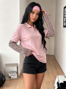 SHEIN 青少年女孩白色領口長袖T恤，純色條紋袖對比設計，學院風街頭穿搭，秋季上衣，休閒，度假派對海灘 - 粉色 - 查看 3