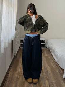 SHEIN Tall 女款休閒街頭風迷彩連帽牛仔短夾克，適合高個女性日常旅行，深綠色秋季款 - 彩色 - 查看 3