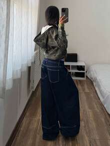 SHEIN Tall 女款休閒街頭風迷彩連帽牛仔短夾克，適合高個女性日常旅行，深綠色秋季款 - 彩色 - 查看 2