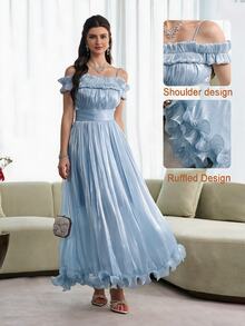 Modelyn Women's Light Blue Elegant Dress, French Frill Off-Shoulder Long A-Line Fitted High Street Puff Fall Dress Party Vacation Fashionable - Blue - View 4