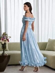 Modelyn Women's Light Blue Elegant Dress, French Frill Off-Shoulder Long A-Line Fitted High Street Puff Fall Dress Party Vacation Fashionable - Blue - View 2