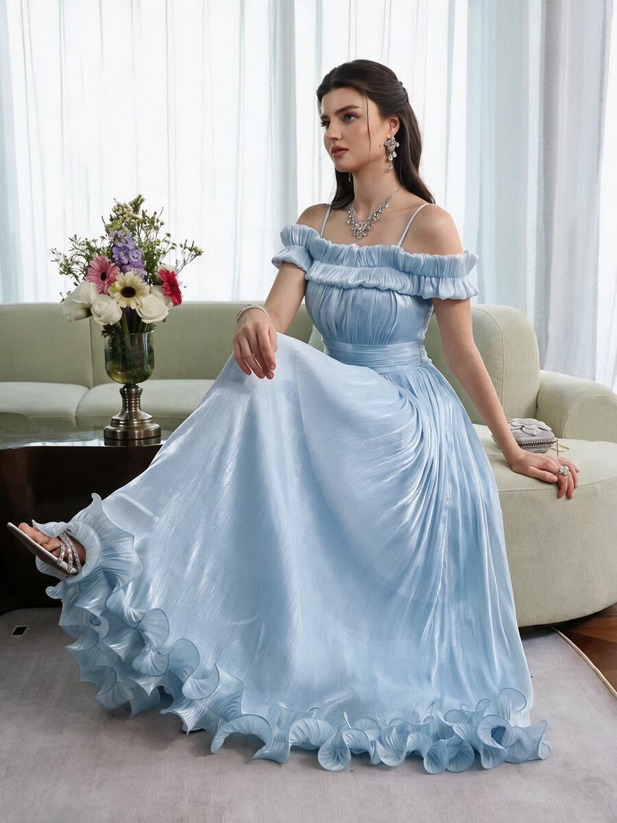 Modelyn Women's Light Blue Elegant Dress, French Frill Off-Shoulder Long A-Line Fitted High Street Puff Fall Dress Party Vacation Fashionable - Blue - View 1