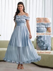 Modelyn Women's Light Blue Elegant Dress, French Frill Off-Shoulder Long A-Line Fitted High Street Puff Fall Dress Party Vacation Fashionable - Blue - View 8