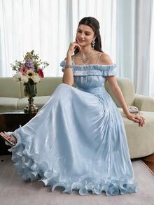 Modelyn Women's Light Blue Elegant Dress, French Frill Off-Shoulder Long A-Line Fitted High Street Puff Fall Dress Party Vacation Fashionable - Blue - View 5