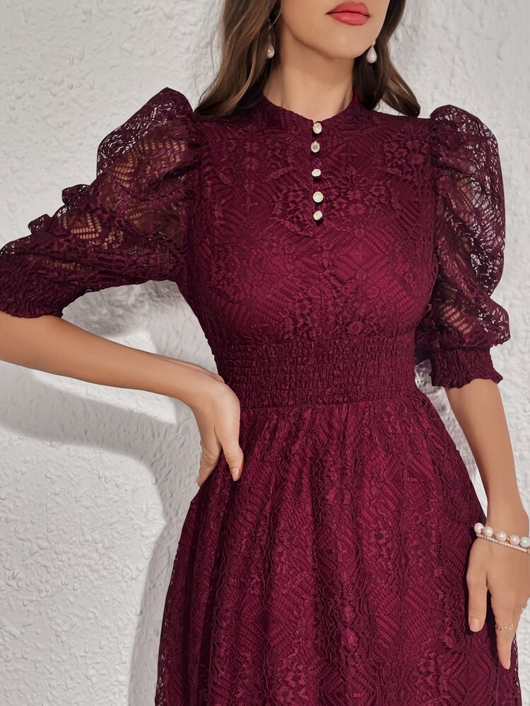 Modelyn Vestido vintage con panel de encaje, detalles de botones, cintura ceñida, vestido elegante para fiesta de noche - Burdeos - Añade 9