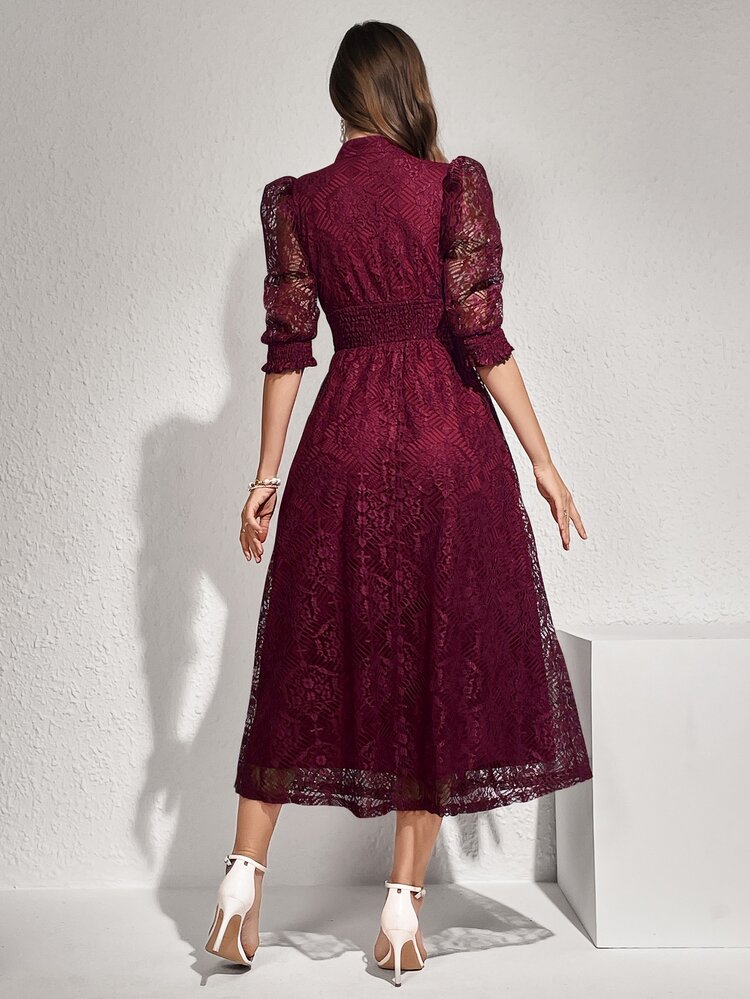 Modelyn Vestido vintage con panel de encaje, detalles de botones, cintura ceñida, vestido elegante para fiesta de noche - Burdeos - Añade 2