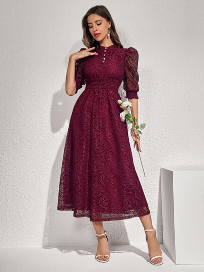 Modelyn Lace Panel Buttoned Detailing Waist Cinched Vintage Dress, Elegant Evening Party Dress