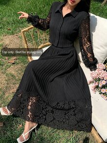 Modelyn Summer Solid Color Collared Textured Long Sleeve Hollow Embroidery Patchwork Elegant Commuter Women's Short Blouse - Black - View 6
