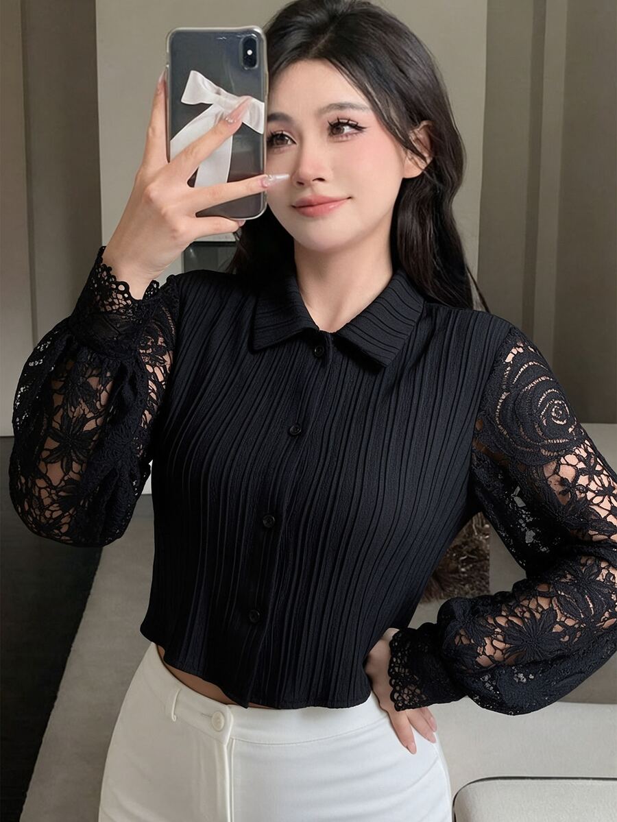 Modelyn Summer Solid Color Collared Textured Long Sleeve Hollow Embroidery Patchwork Elegant Commuter Women's Short Blouse