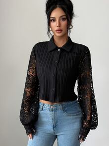 Modelyn Summer Solid Color Collared Textured Long Sleeve Hollow Embroidery Patchwork Elegant Commuter Women's Short Blouse - Black - View 11