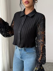 Modelyn Summer Solid Color Collared Textured Long Sleeve Hollow Embroidery Patchwork Elegant Commuter Women's Short Blouse - Black - View 8