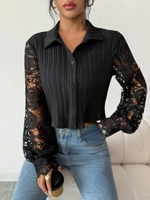 Modelyn Summer Solid Color Collared Textured Long Sleeve Hollow Embroidery Patchwork Elegant Commuter Women's Short Blouse - Black - View 7