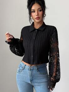 Modelyn Summer Solid Color Collared Textured Long Sleeve Hollow Embroidery Patchwork Elegant Commuter Women's Short Blouse - Black - View 9