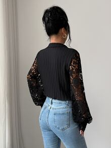 Modelyn Summer Solid Color Collared Textured Long Sleeve Hollow Embroidery Patchwork Elegant Commuter Women's Short Blouse - Black - View 10
