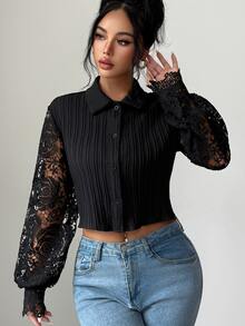 Modelyn Summer Solid Color Collared Textured Long Sleeve Hollow Embroidery Patchwork Elegant Commuter Women's Short Blouse - Black - View 3