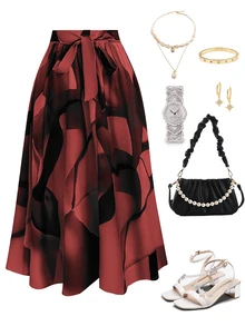 Ceyna Plus Size Front Tie All-Over Allover Print Skirt, Casual Everyday Wear - Burgundy - View 7