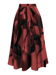 Ceyna Plus Size Front Tie All-Over Allover Print Skirt, Casual Everyday Wear - Burgundy - View 6