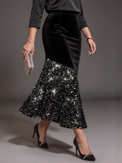Roveilla Plus Size Velvet Sequin Patchwork Mermaid Skirt, High Waist Slimming Bodycon Mid-Length Elegant Sparkling Cocktail Women Fall Christmas Black
