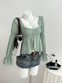 Elamini Sweet Sexy Elegant Romantic Style Square Neck Textured Fabric Bowknot Flare Sleeve Long Sleeve Blouse Everyday High Tea Sage Green Fall - Mint Green - View 5