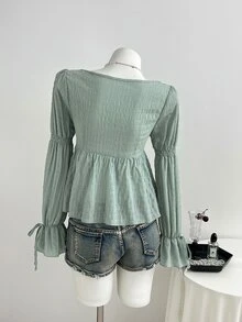 Elamini Sweet Sexy Elegant Romantic Style Square Neck Textured Fabric Bowknot Flare Sleeve Long Sleeve Blouse Everyday High Tea Sage Green Fall - Mint Green - View 2