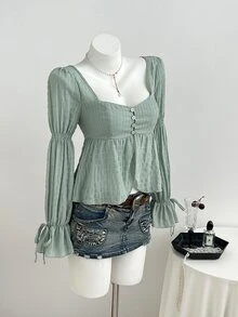 Elamini Sweet Sexy Elegant Romantic Style Square Neck Textured Fabric Bowknot Flare Sleeve Long Sleeve Blouse Everyday High Tea Sage Green Fall - Mint Green - View 6