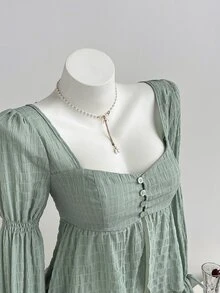 Elamini Sweet Sexy Elegant Romantic Style Square Neck Textured Fabric Bowknot Flare Sleeve Long Sleeve Blouse Everyday High Tea Sage Green Fall - Mint Green - View 1