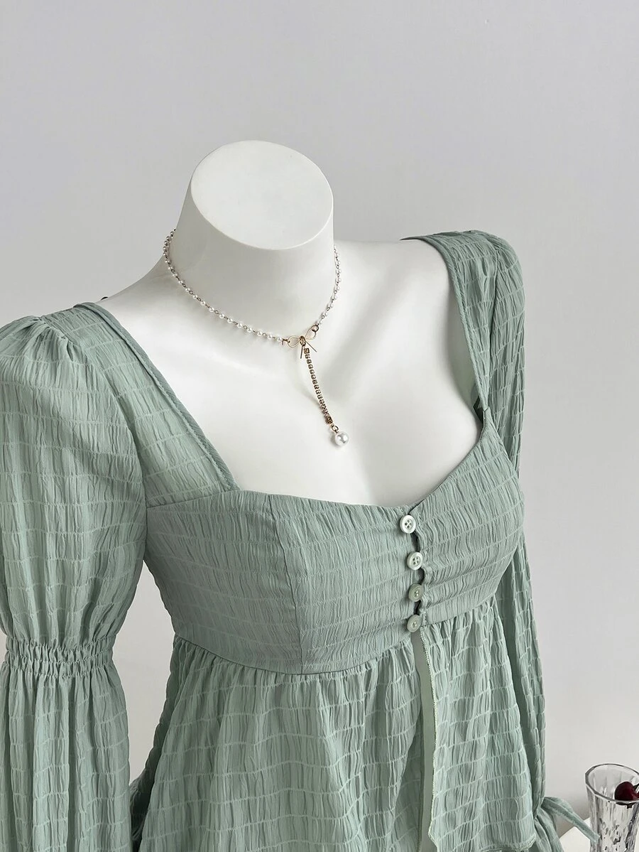Elamini Sweet Sexy Elegant Romantic Style Square Neck Textured Fabric Bowknot Flare Sleeve Long Sleeve Blouse Everyday High Tea Sage Green Fall - Mint Green - View 1