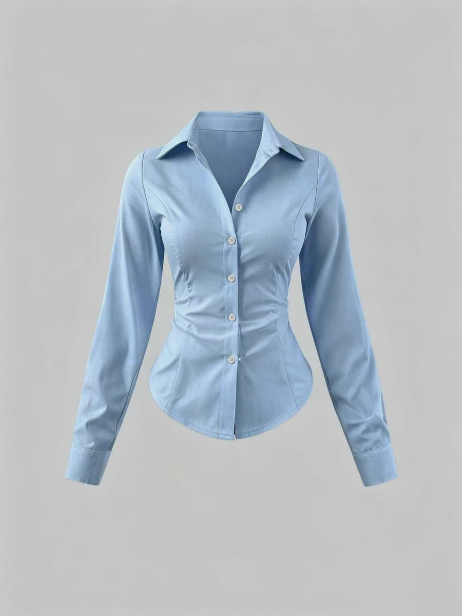 Sweetra Women's Spring/Autumn Casual Professional Daily Business Office Commute Minimalist Solid Color Long Sleeve Slim Fit Blouse Aqua Blue - Teal Blue - View 1