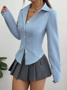 Sweetra Women's Spring/Autumn Casual Professional Daily Business Office Commute Minimalist Solid Color Long Sleeve Slim Fit Blouse Aqua Blue - Teal Blue - View 7