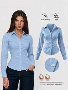 Sweetra Women's Spring/Autumn Casual Professional Daily Business Office Commute Minimalist Solid Color Long Sleeve Slim Fit Blouse Aqua Blue - Teal Blue - View 3