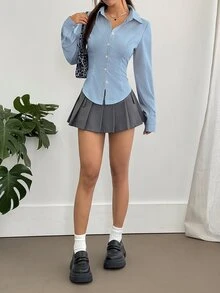 Sweetra Women's Spring/Autumn Casual Professional Daily Business Office Commute Minimalist Solid Color Long Sleeve Slim Fit Blouse Aqua Blue - Teal Blue - View 6