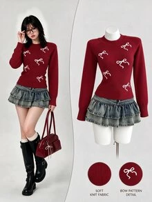 Elamini Women's Bow Pattern Raglan Long Sleeve Casual Y2k Cute Sweater Christmas Everyday Birthday White And Burgundy Fall - Red - View 1