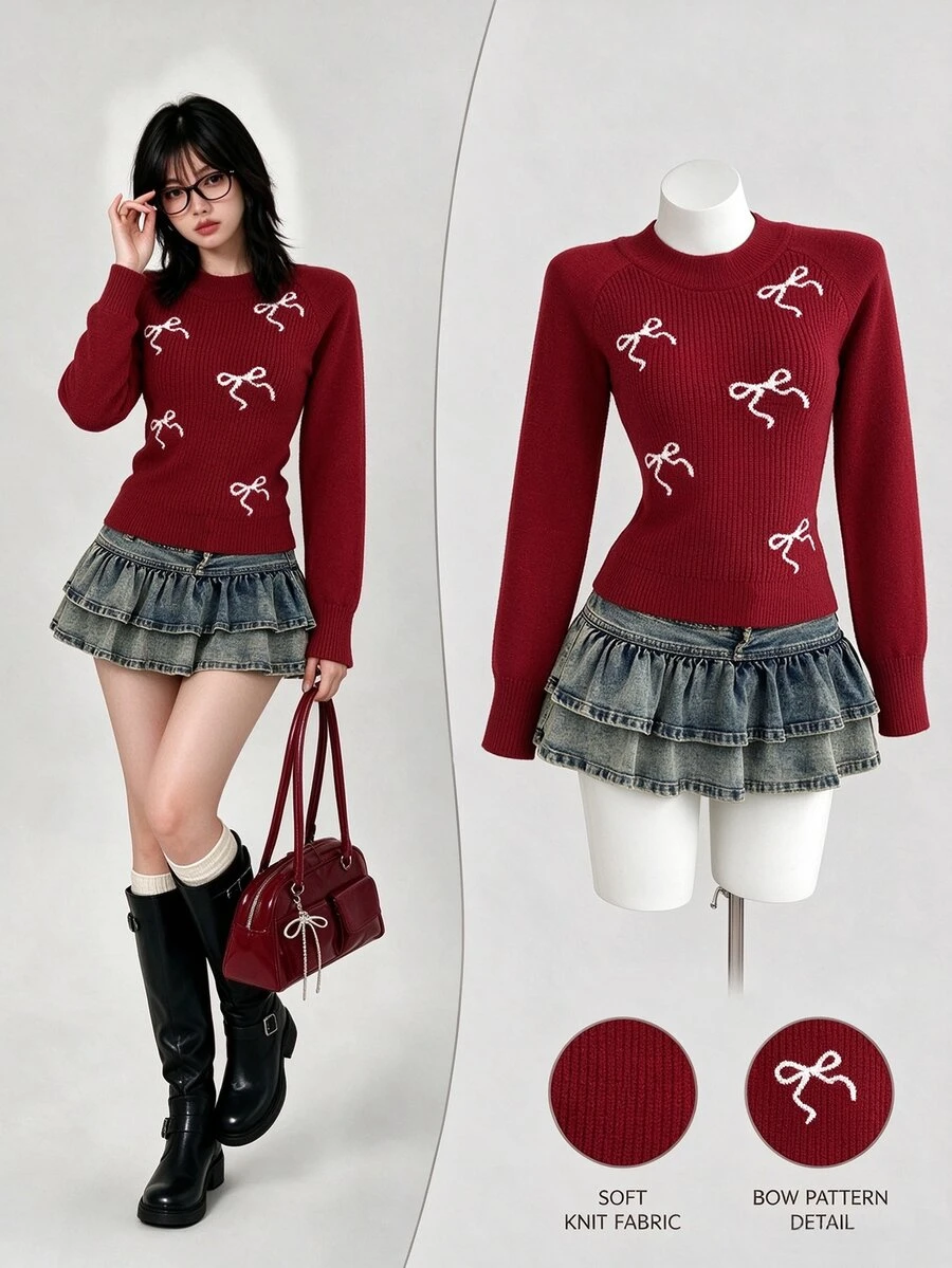 Elamini Women's Bow Pattern Raglan Long Sleeve Casual Y2k Cute Sweater Christmas Everyday Birthday White And Burgundy Fall - Red - View 1