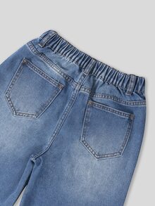 SHEIN Tween Girls Blue Washed Pink Floral Embroidered Straight Leg Loose Fit Denim Jeans, All Season Vintage Sweet Style Campus Casual Long Pants - Medium Wash - View 7