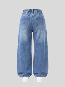 SHEIN Tween Girls Blue Washed Pink Floral Embroidered Straight Leg Loose Fit Denim Jeans, All Season Vintage Sweet Style Campus Casual Long Pants - Medium Wash - View 2