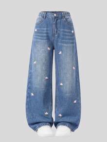 SHEIN Tween Girls Blue Washed Pink Floral Embroidered Straight Leg Loose Fit Denim Jeans, All Season Vintage Sweet Style Campus Casual Long Pants - Medium Wash - View 3