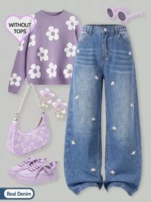 SHEIN Tween Girls Blue Washed Pink Floral Embroidered Straight Leg Loose Fit Denim Jeans, All Season Vintage Sweet Style Campus Casual Long Pants - Medium Wash - View 1