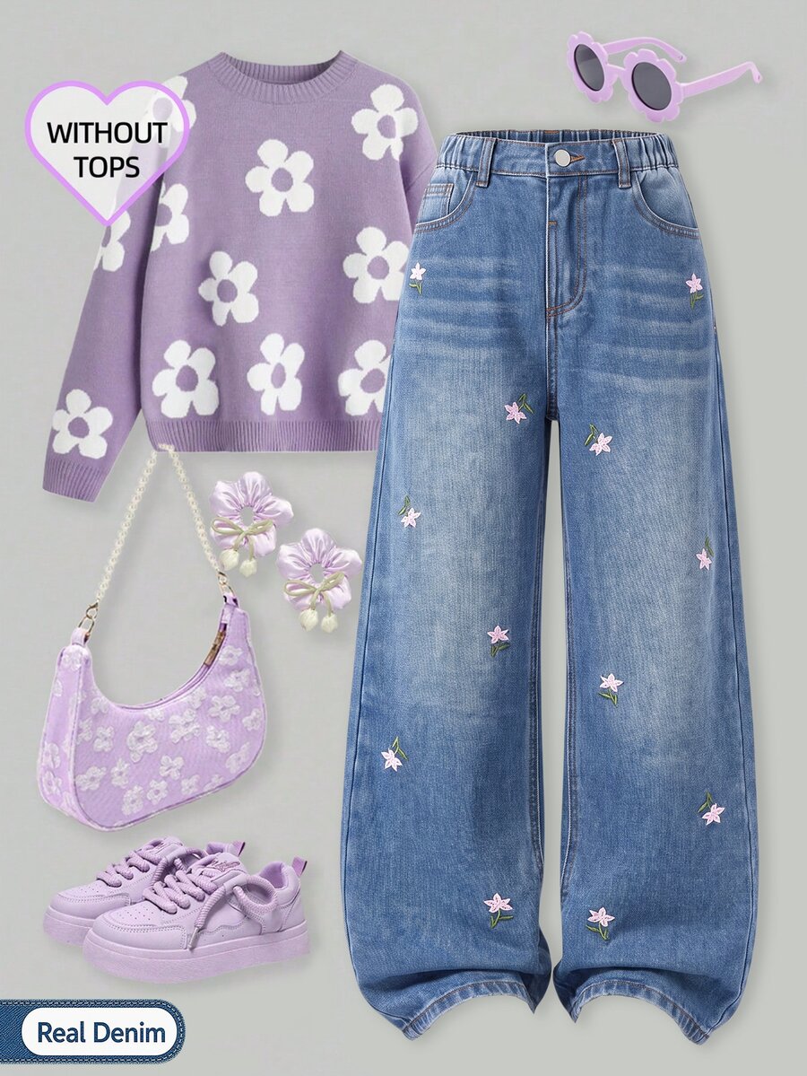 SHEIN Tween Girls Blue Washed Pink Floral Embroidered Straight Leg Loose Fit Denim Jeans, All Season Vintage Sweet Style Campus Casual Long Pants - Medium Wash - View 1