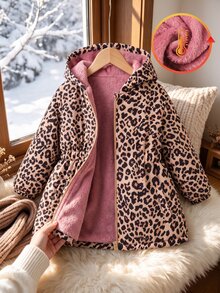 SHEIN 1件女款復古棕色花卉抓絨內裡拉鍊連帽外套，彈性腰部，中長款休閒通勤外套，秋冬款 - 棕色 - 查看 3