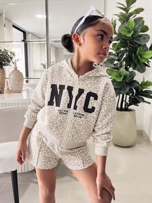SHEIN 女童休閒杏色豹紋連帽衛衣外套，Y2K風格，街頭風，復古，返校季，秋冬休閒，女童休閒，秋冬，校園風，鄉村風，嘻哈，豹紋長袖上衣，衛衣外套 - 杏色 - 查看 3
